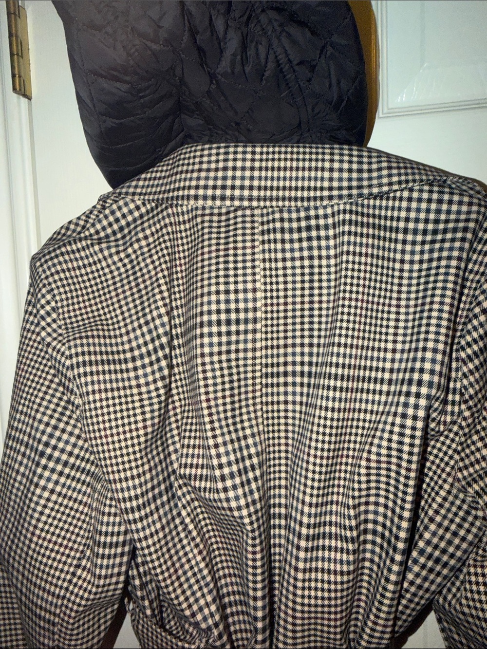 DKNY Black & White Houndstooth Double-Breasted Trench Coat with Detachable Hood - Picture 13 of 14